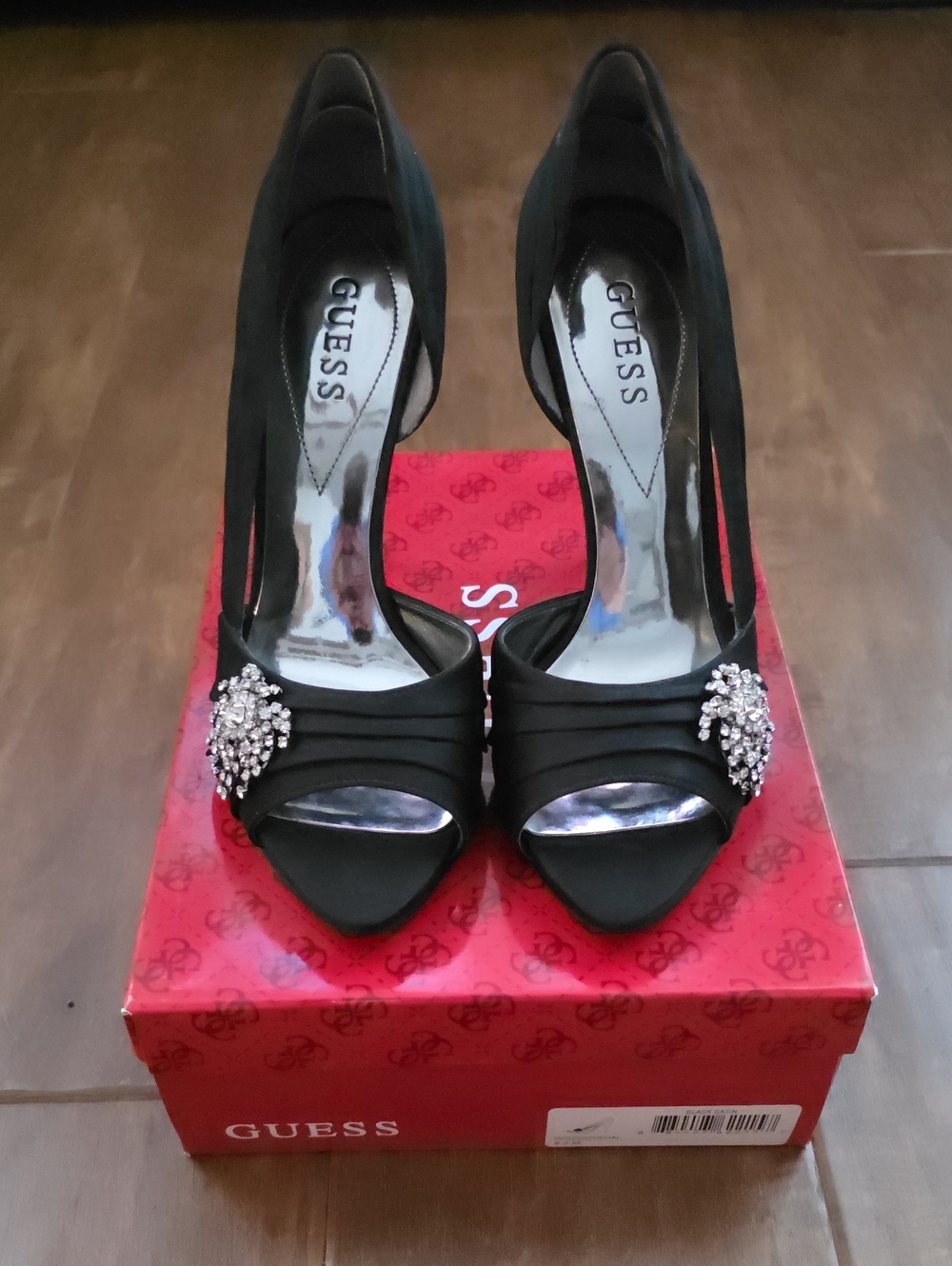 GUESS Black Peep-Toe Heels with Rhinestone Brooch